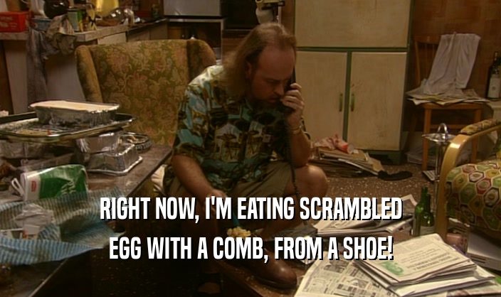 RIGHT NOW, I'M EATING SCRAMBLED EGG WITH A COMB, FROM A SHOE! 