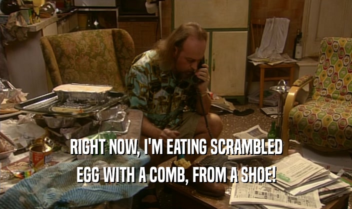 RIGHT NOW, I'M EATING SCRAMBLED EGG WITH A COMB, FROM A SHOE! 