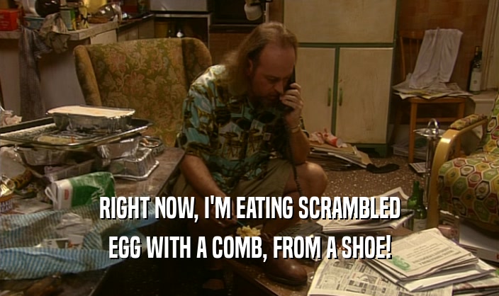 RIGHT NOW, I'M EATING SCRAMBLED EGG WITH A COMB, FROM A SHOE! 