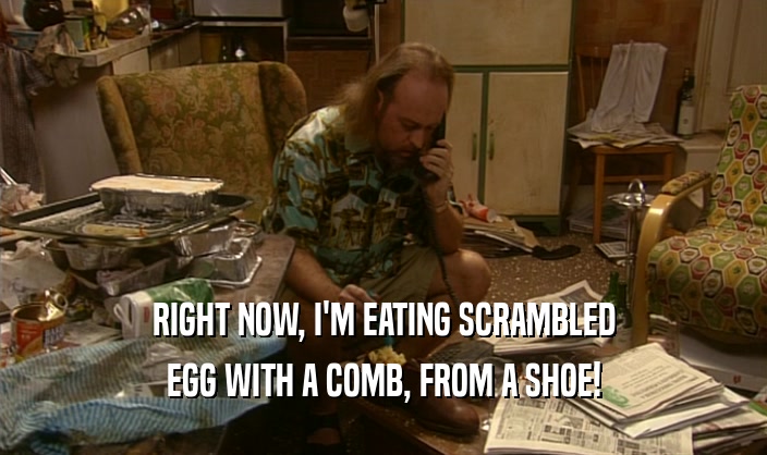 RIGHT NOW, I'M EATING SCRAMBLED EGG WITH A COMB, FROM A SHOE! 