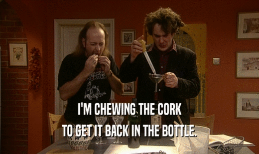 I'M CHEWING THE CORK
 TO GET IT BACK IN THE BOTTLE.
 