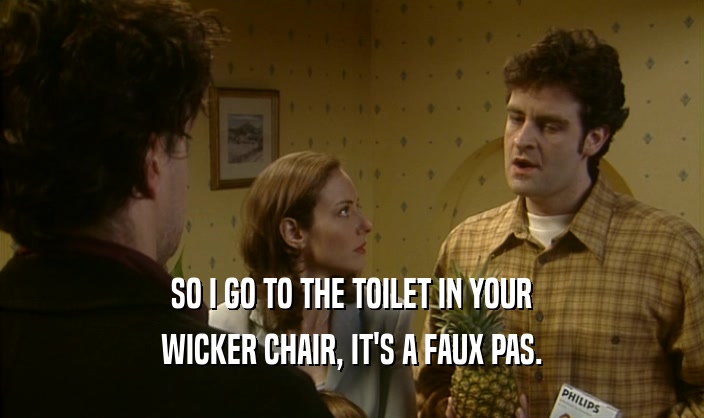 SO I GO TO THE TOILET IN YOUR
 WICKER CHAIR, IT'S A FAUX PAS.
 