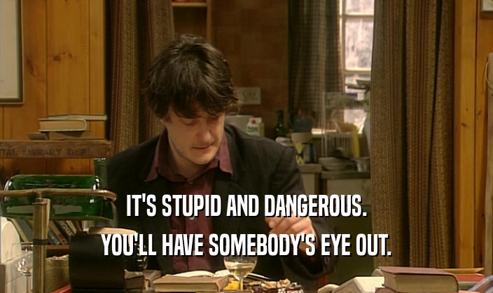 IT'S STUPID AND DANGEROUS. YOU'LL HAVE SOMEBODY'S EYE OUT. 