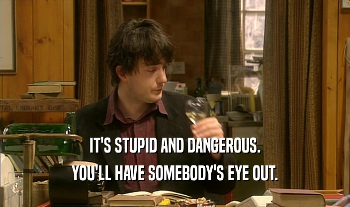 IT'S STUPID AND DANGEROUS. YOU'LL HAVE SOMEBODY'S EYE OUT. 