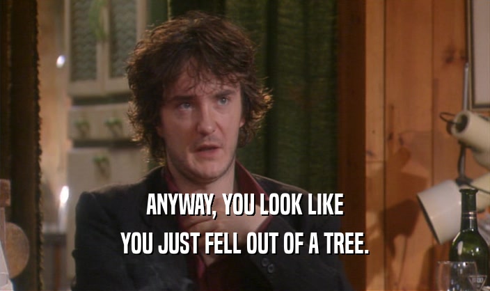 ANYWAY, YOU LOOK LIKE YOU JUST FELL OUT OF A TREE. 