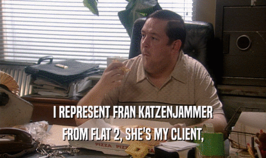 I REPRESENT FRAN KATZENJAMMER
 FROM FLAT 2, SHE'S MY CLIENT,
 