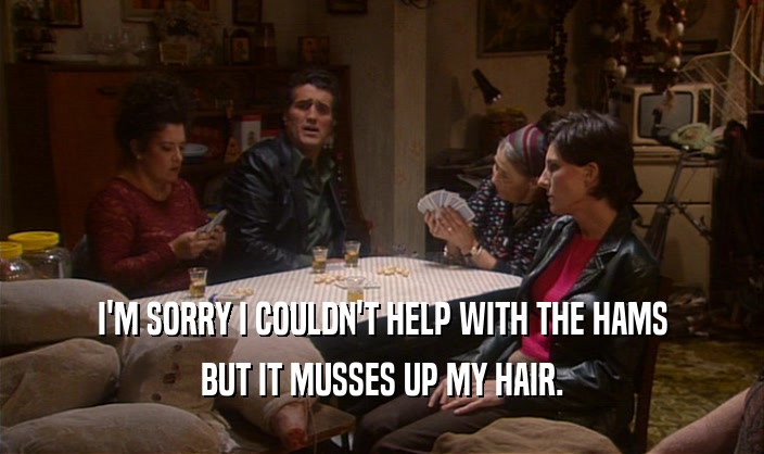 I'M SORRY I COULDN'T HELP WITH THE HAMS BUT IT MUSSES UP MY HAIR. 