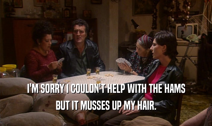 I'M SORRY I COULDN'T HELP WITH THE HAMS BUT IT MUSSES UP MY HAIR. 
