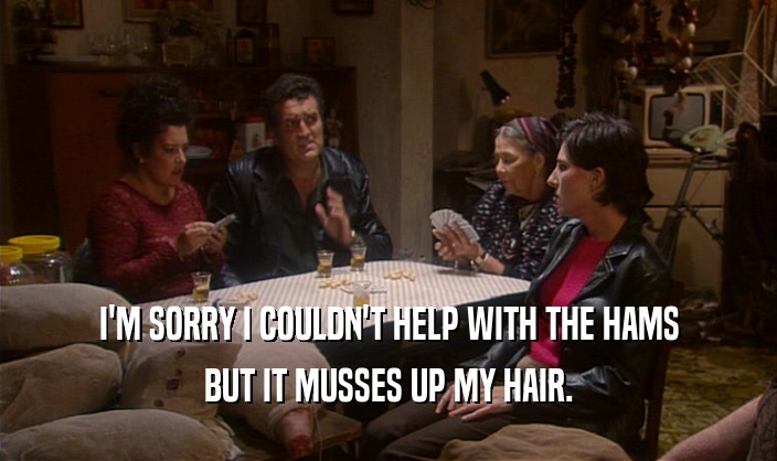 I'M SORRY I COULDN'T HELP WITH THE HAMS BUT IT MUSSES UP MY HAIR. 