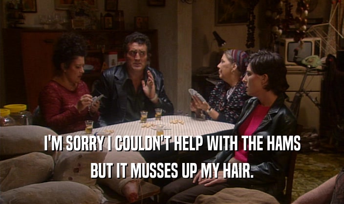 I'M SORRY I COULDN'T HELP WITH THE HAMS BUT IT MUSSES UP MY HAIR. 