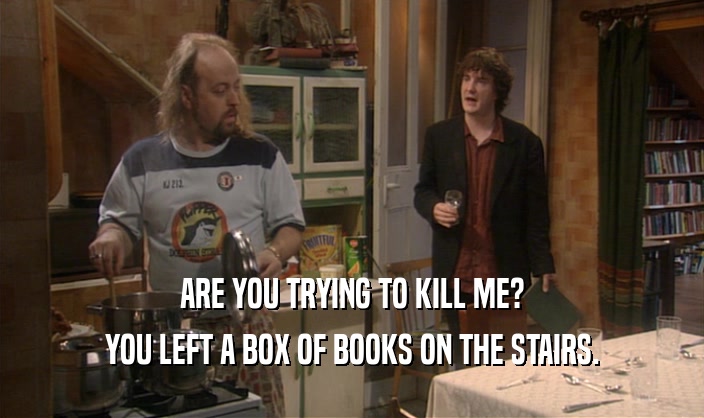 ARE YOU TRYING TO KILL ME? YOU LEFT A BOX OF BOOKS ON THE STAIRS. 