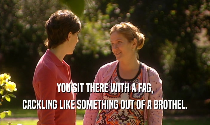 YOU SIT THERE WITH A FAG, CACKLING LIKE SOMETHING OUT OF A BROTHEL. 
