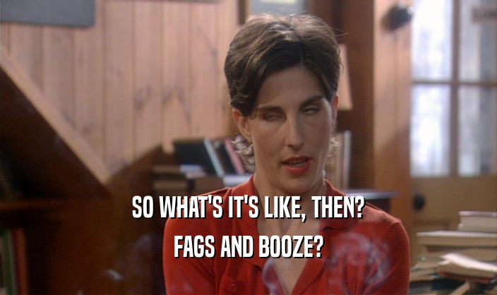 SO WHAT'S IT'S LIKE, THEN?
 FAGS AND BOOZE?
 