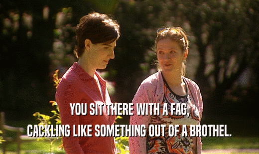 YOU SIT THERE WITH A FAG, CACKLING LIKE SOMETHING OUT OF A BROTHEL. 