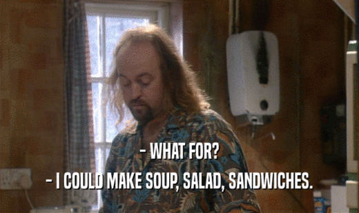 - WHAT FOR?
 - I COULD MAKE SOUP, SALAD, SANDWICHES.
 