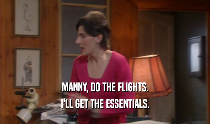 MANNY, DO THE FLIGHTS. I'LL GET THE ESSENTIALS. 