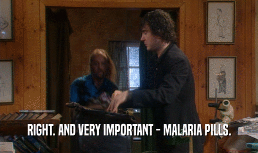 RIGHT. AND VERY IMPORTANT - MALARIA PILLS.  