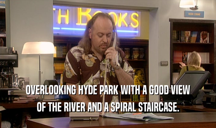 OVERLOOKING HYDE PARK WITH A GOOD VIEW OF THE RIVER AND A SPIRAL STAIRCASE. 