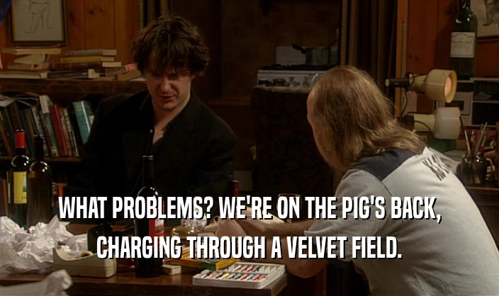 WHAT PROBLEMS? WE'RE ON THE PIG'S BACK,
 CHARGING THROUGH A VELVET FIELD.
 