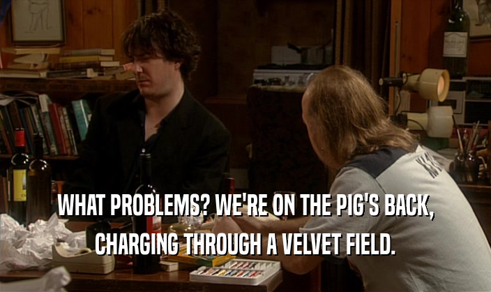 WHAT PROBLEMS? WE'RE ON THE PIG'S BACK,
 CHARGING THROUGH A VELVET FIELD.
 
