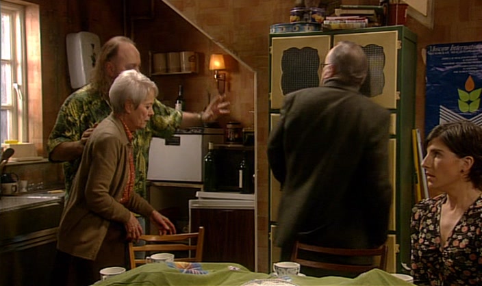 YOU'RE IN MY ROOM. IT'S JUST AT THE TOP OF THE STAIRS. I'LL BE ON THE OLD SOFA. 