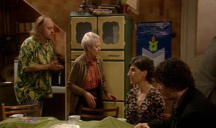 YOU'RE IN MY ROOM. IT'S JUST AT THE TOP OF THE STAIRS. I'LL BE ON THE OLD SOFA. 
