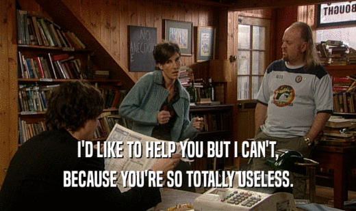 I'D LIKE TO HELP YOU BUT I CAN'T, BECAUSE YOU'RE SO TOTALLY USELESS. 