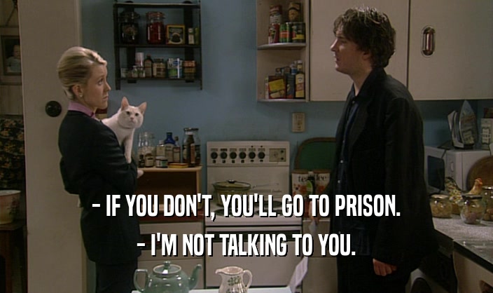 - IF YOU DON'T, YOU'LL GO TO PRISON.
 - I'M NOT TALKING TO YOU.
 