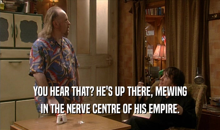 YOU HEAR THAT? HE'S UP THERE, MEWING
 IN THE NERVE CENTRE OF HIS EMPIRE.
 