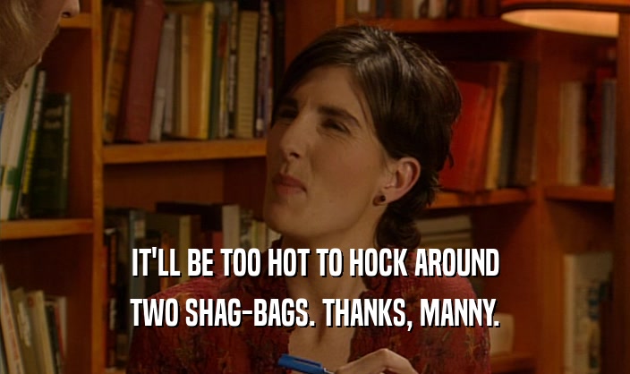 IT'LL BE TOO HOT TO HOCK AROUND
 TWO SHAG-BAGS. THANKS, MANNY.
 