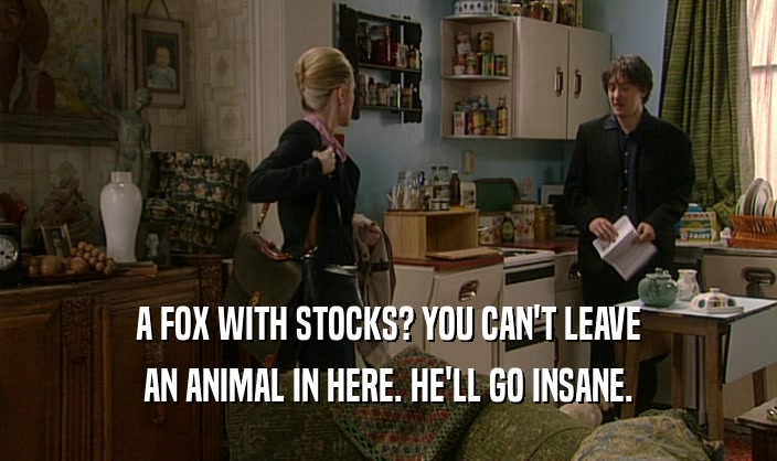 A FOX WITH STOCKS? YOU CAN'T LEAVE AN ANIMAL IN HERE. HE'LL GO INSANE. 