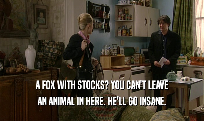 A FOX WITH STOCKS? YOU CAN'T LEAVE AN ANIMAL IN HERE. HE'LL GO INSANE. 