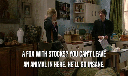 A FOX WITH STOCKS? YOU CAN'T LEAVE AN ANIMAL IN HERE. HE'LL GO INSANE. 