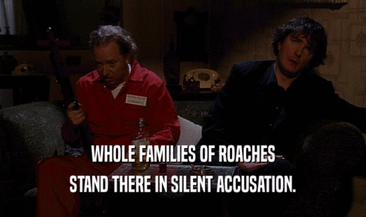 WHOLE FAMILIES OF ROACHES
 STAND THERE IN SILENT ACCUSATION.
 