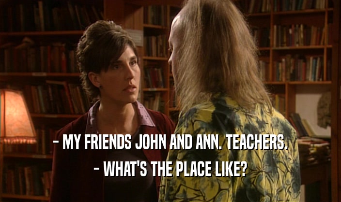 - MY FRIENDS JOHN AND ANN. TEACHERS.
 - WHAT'S THE PLACE LIKE?
 