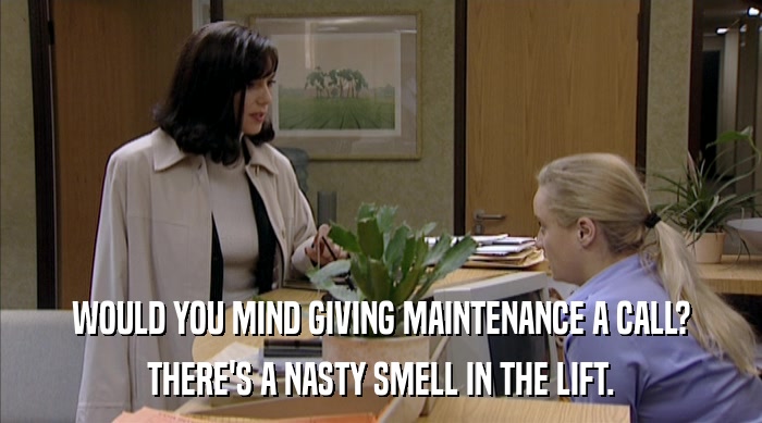 WOULD YOU MIND GIVING MAINTENANCE A CALL? THERE'S A NASTY SMELL IN THE LIFT. 