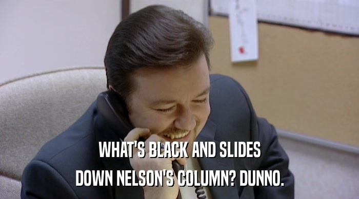 WHAT'S BLACK AND SLIDES DOWN NELSON'S COLUMN? DUNNO. 