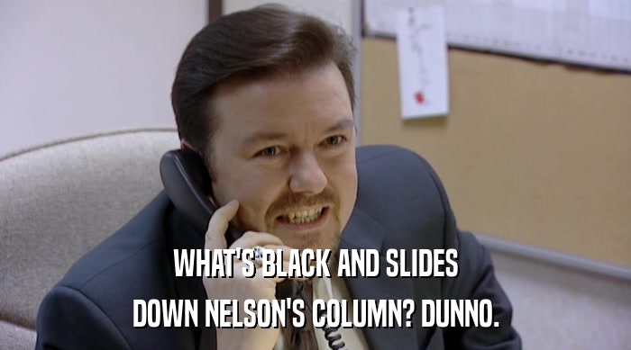 WHAT'S BLACK AND SLIDES DOWN NELSON'S COLUMN? DUNNO. 