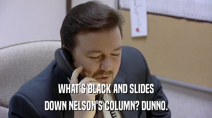 WHAT'S BLACK AND SLIDES DOWN NELSON'S COLUMN? DUNNO. 