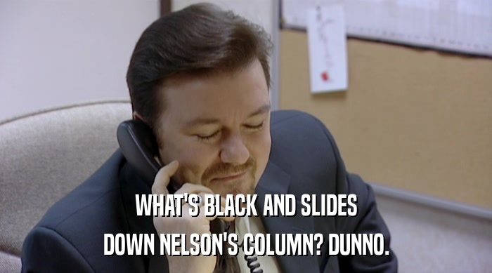 WHAT'S BLACK AND SLIDES DOWN NELSON'S COLUMN? DUNNO. 