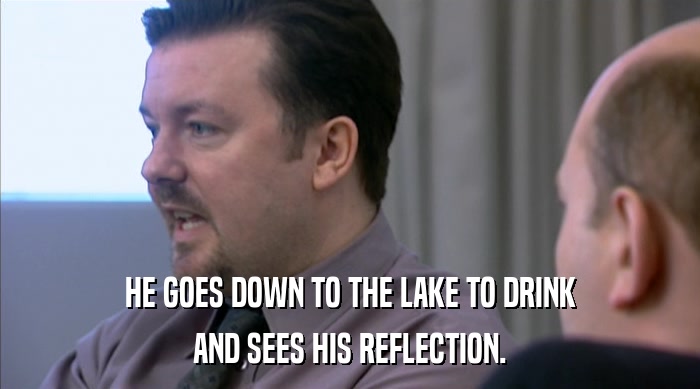 HE GOES DOWN TO THE LAKE TO DRINK
 AND SEES HIS REFLECTION. 
