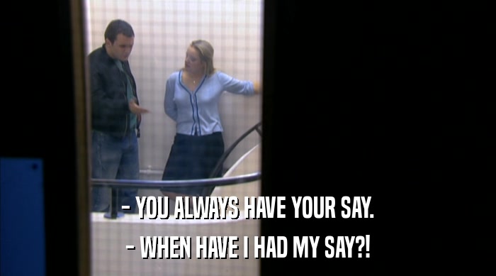 - YOU ALWAYS HAVE YOUR SAY. - WHEN HAVE I HAD MY SAY?! 