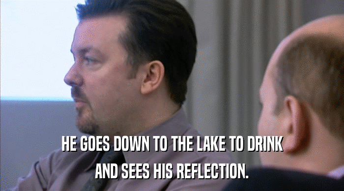 HE GOES DOWN TO THE LAKE TO DRINK
 AND SEES HIS REFLECTION. 