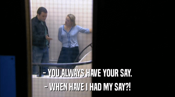 - YOU ALWAYS HAVE YOUR SAY. - WHEN HAVE I HAD MY SAY?! 