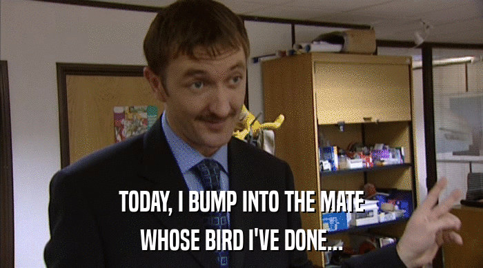 TODAY, I BUMP INTO THE MATE
 WHOSE BIRD I'VE DONE... 