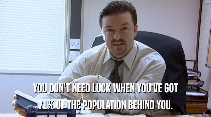 YOU DON'T NEED LUCK WHEN YOU'VE GOT
 71% OF THE POPULATION BEHIND YOU. 