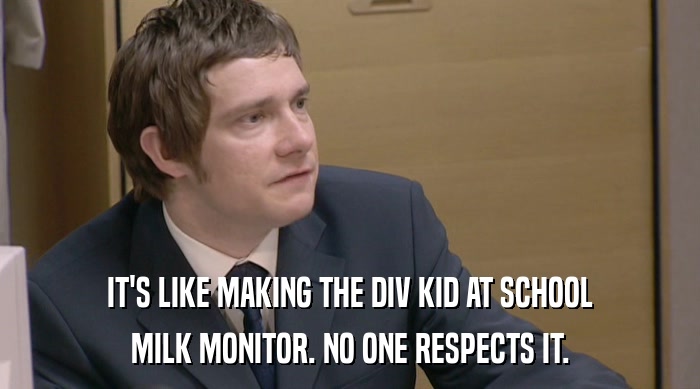 IT'S LIKE MAKING THE DIV KID AT SCHOOL MILK MONITOR. NO ONE RESPECTS IT. 