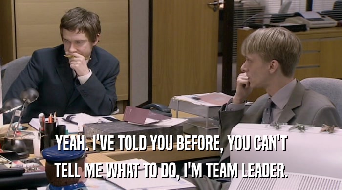 YEAH. I'VE TOLD YOU BEFORE, YOU CAN'T
 TELL ME WHAT TO DO, I'M TEAM LEADER. 