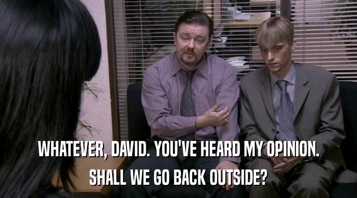 WHATEVER, DAVID. YOU'VE HEARD MY OPINION.
 SHALL WE GO BACK OUTSIDE? 