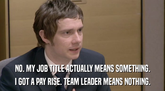 NO. MY JOB TITLE ACTUALLY MEANS SOMETHING. I GOT A PAY RISE. TEAM LEADER MEANS NOTHING. 